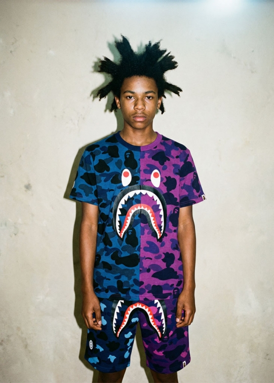 Синьо-фіолетова футболка Bape Aape by A BATHING APE Shark Color Blue Purple Half Camo T-shirt Unisex