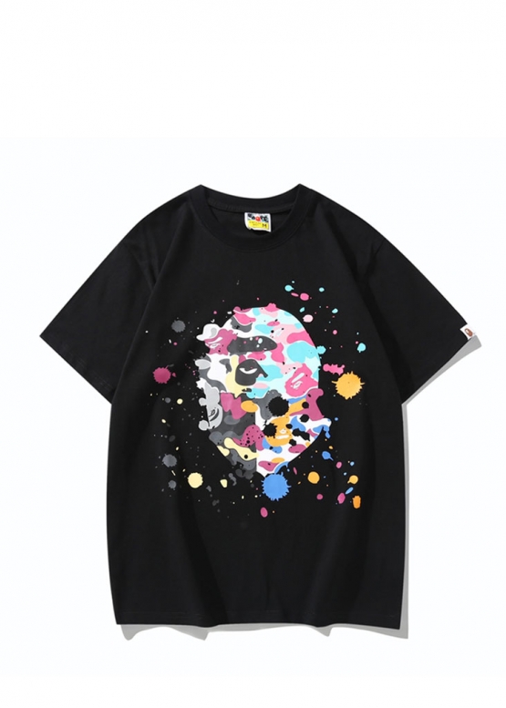 Чёрная футболка Bape A Bathing Ape Head Multicolor Splatter Color Black T-Shirt Unisex
