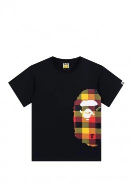 Bape Block Check Side Big Ape Head Black Tee Unisex - FA1166 Bape Block Check Side Big Ape Head Black Tee Unisex - FA1166