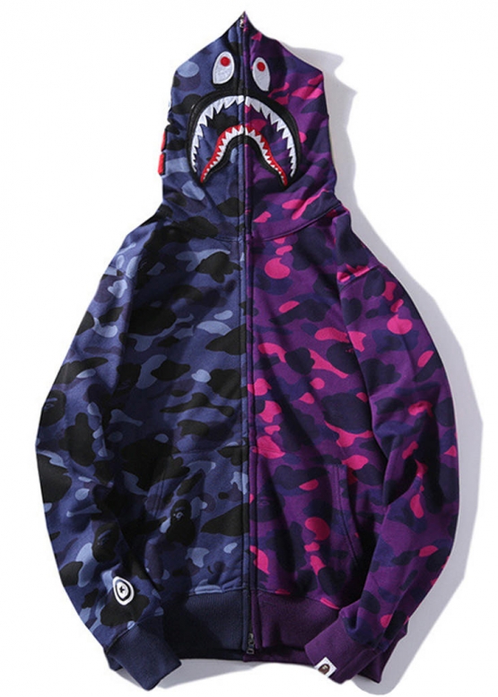 Bape Aape by A BATHING APE Shark Color Blue Purple Half Camo Full Zip Hoodie Unisex