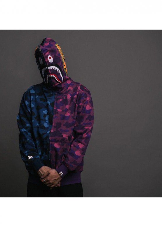 Сине-фиолетовый худи Bape Aape by A BATHING APE Shark Color Blue Purple Half Camo Full Zip Hoodie Unisex