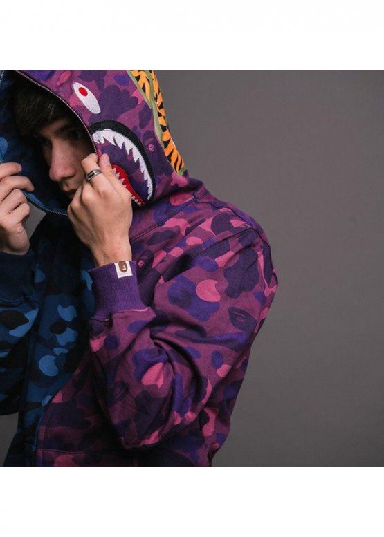 Bape Aape by A BATHING APE Shark Color Blue Purple Half Camo Full Zip Hoodie Unisex