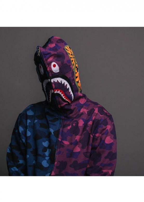 Сине-фиолетовый худи Bape Aape by A BATHING APE Shark Color Blue Purple Half Camo Full Zip Hoodie Unisex
