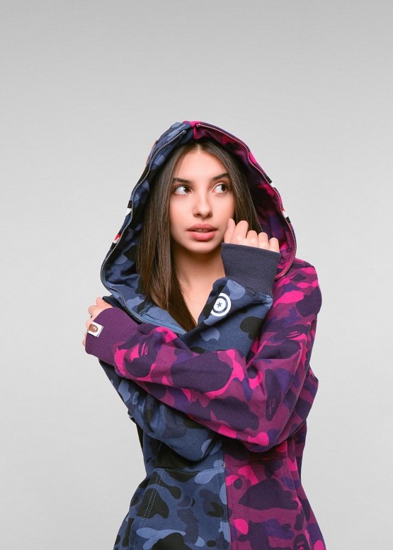 Bape Aape by A BATHING APE Shark Color Blue Purple Half Camo Full Zip Hoodie Unisex