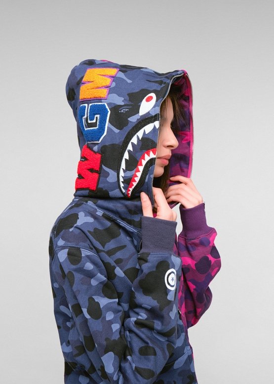 Bape Aape by A BATHING APE Shark Color Blue Purple Half Camo Full Zip Hoodie Unisex