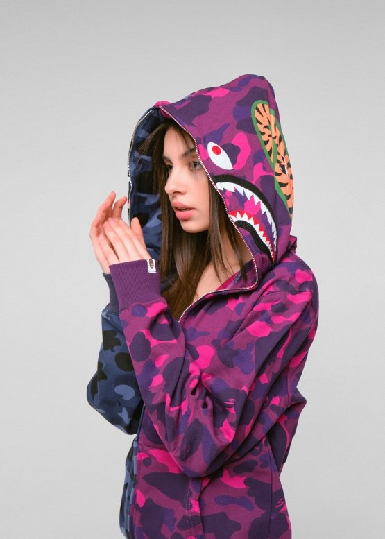 Сине-фиолетовый худи Bape Aape by A BATHING APE Shark Color Blue Purple Half Camo Full Zip Hoodie Unisex