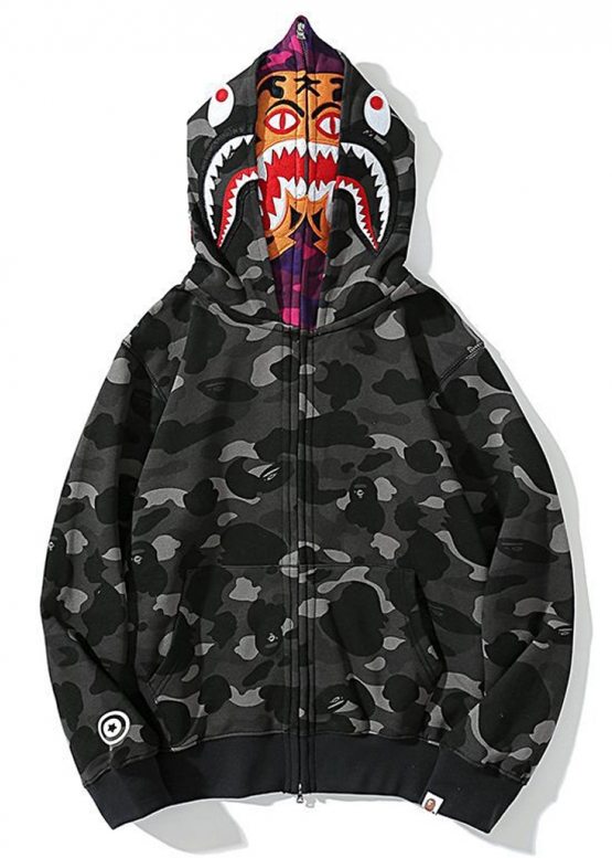 Bape Aape by A BATHING APE Tiger Shark Wide Full Zip Color Black Camo Hoodie Unisex