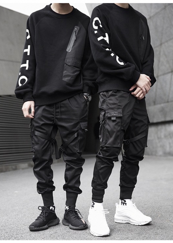 Чорні штани Cyberpunk Cargo Color Black Pants With Belts Unisex