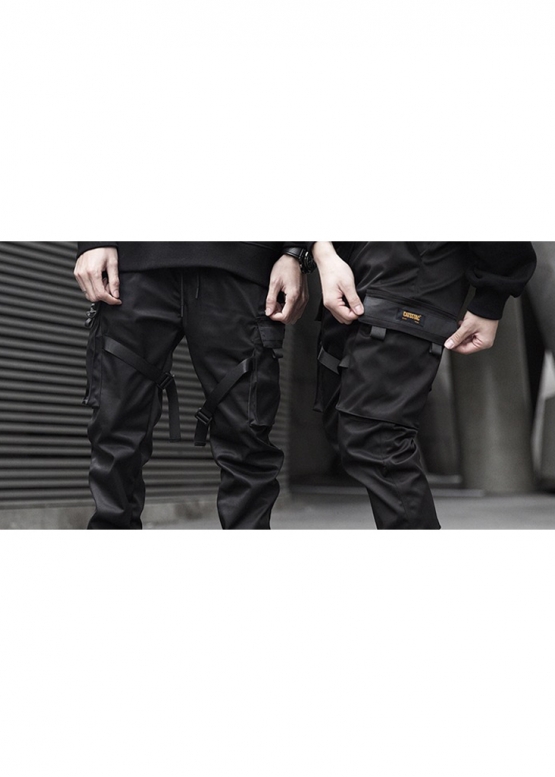 Cyberpunk Cargo Color Black Pants With Belts Unisex