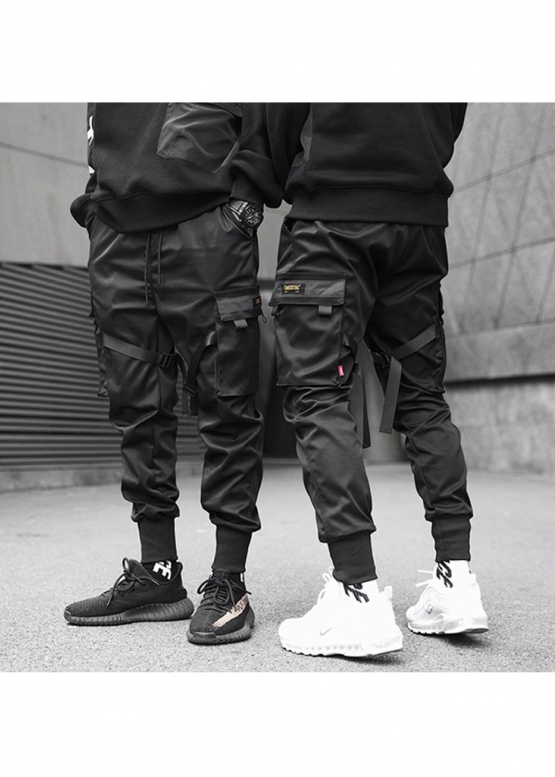 Cyberpunk Cargo Color Black Pants With Belts Unisex