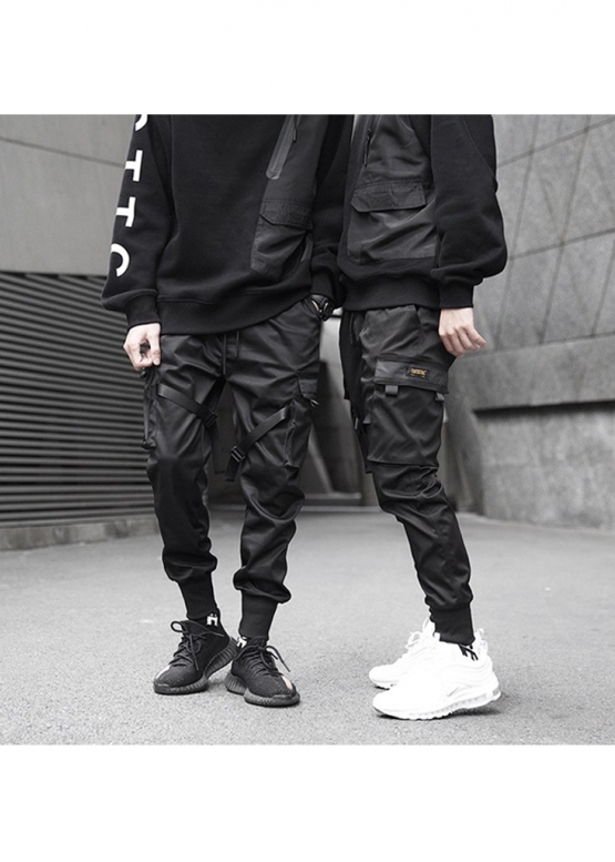 Cyberpunk Cargo Color Black Pants With Belts Unisex